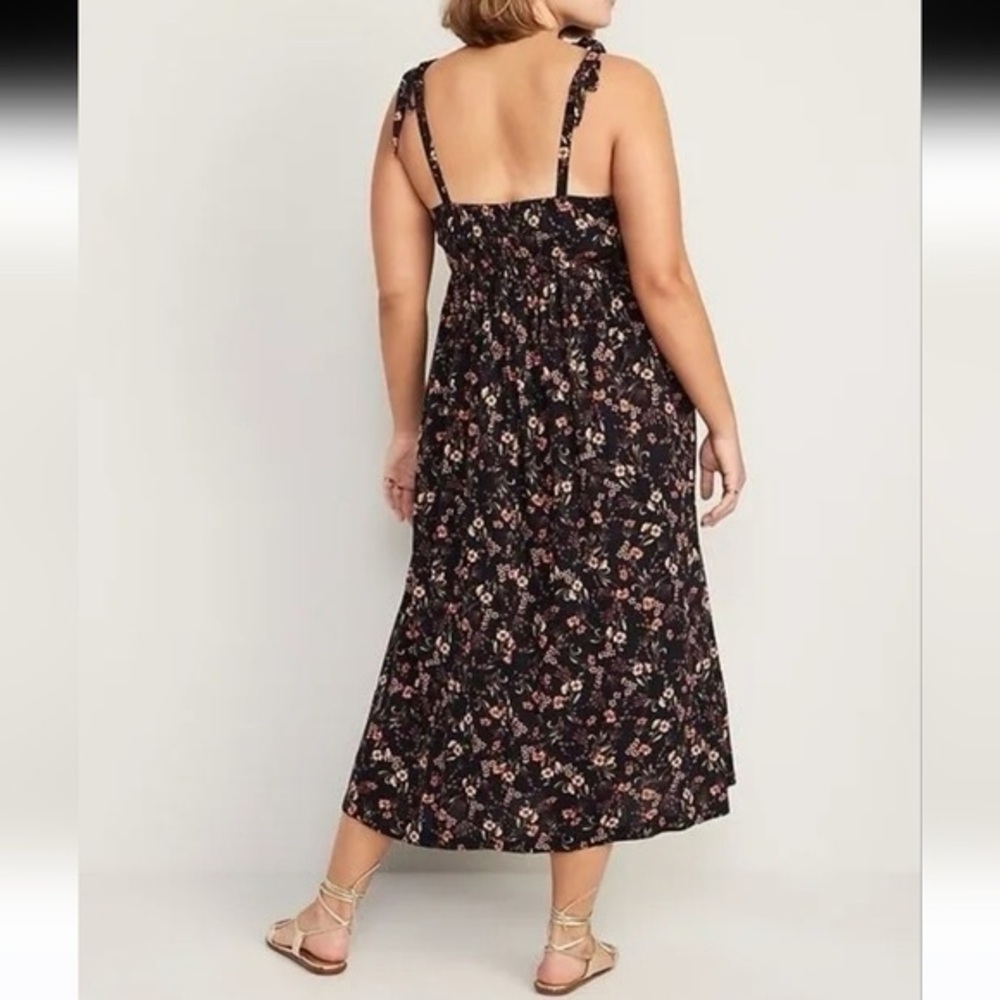 Navy Floral Print Midi Swing Tie Shoulder Square Neck Casual Flowy Summer Dress - Picture 4 of 16